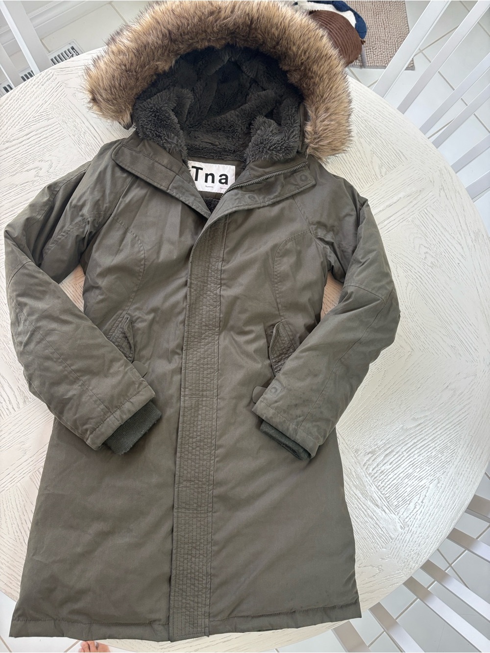 TNA Olive Green Faux-Fur Trim Hooded Puffer Coat